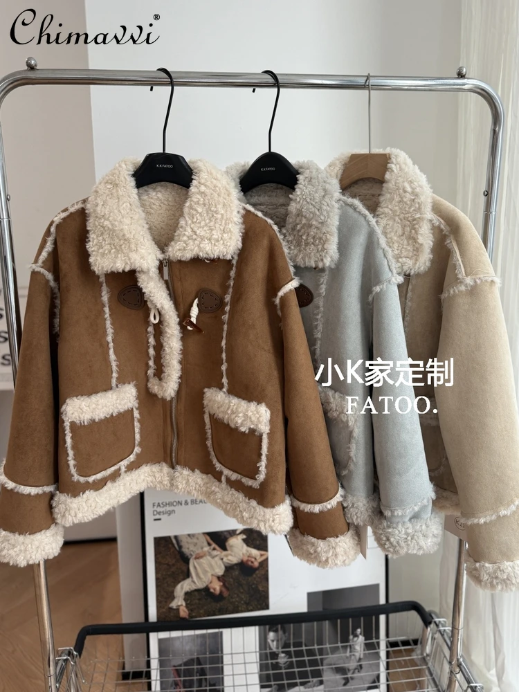 

Fashion Retro Stand Collar Horn Button Lamb Wool Coat Women Winter Heavy Elegant Thickened Long Sleeve Warm Sheepskin Jacket Top