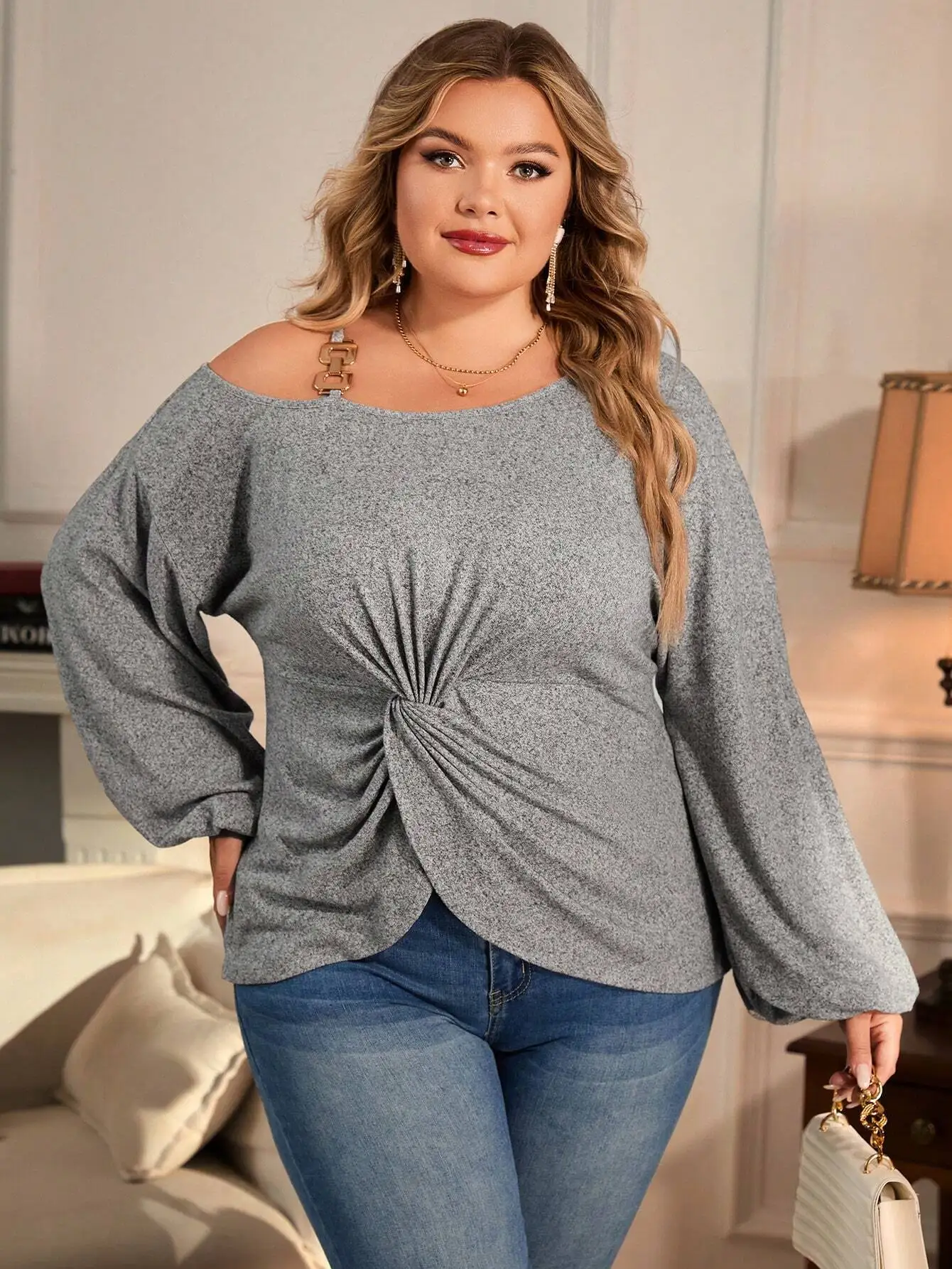 

Plus Size Women's Gray One-Shoulder Twist Knot Lantern Sleeve Loose Top XL-3XL Casual Autumn Winter Oversized Blouse