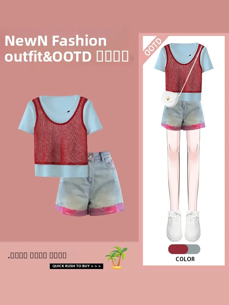 

Корейский Sle Splice Color Blo ort Sve Вязаная футболка и утягивающий джинсовый комплект orts из двух предметов Faionable Casual Outfit