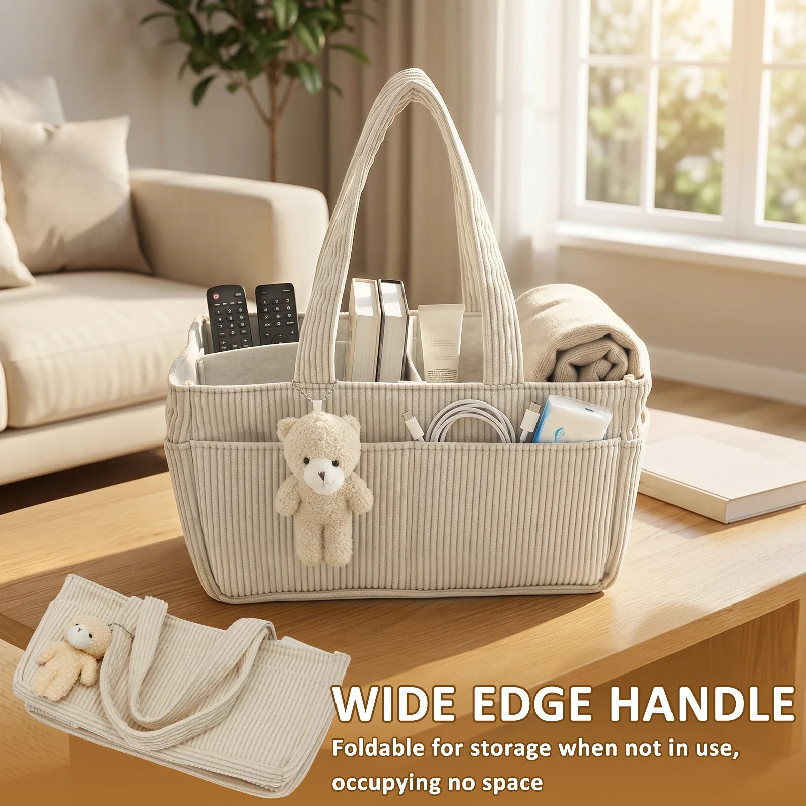 Travel Portable Mommy Bag Foldable Baby Diaper Caddy Organizer with Handle and Bear Charm Corduroy Newborn Diaper Storage Basket