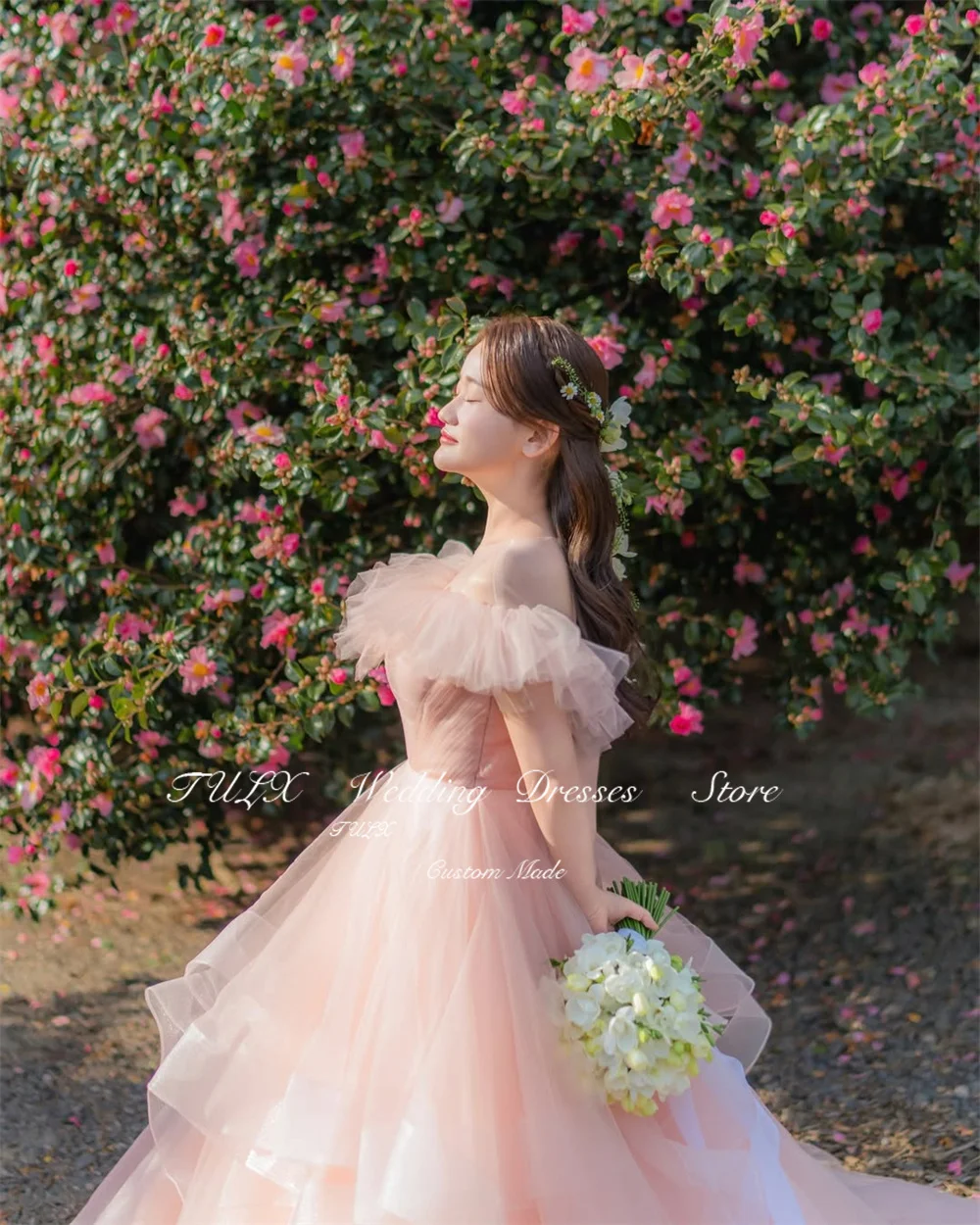 TULX fée Tulle rose robe de soirée corée mariage séance Photo épaules nues longue à plusieurs niveaux robe de soirée de mariée Corset personnalisé 2025