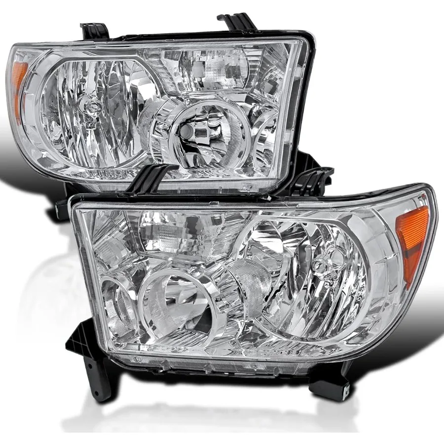 

Chrome Housing Clear Lens Headlights Compatible with 2007-2013 Toyota Tundra, 2008-2014 Toyota Sequoia, L+R Pair Head Light Lamp