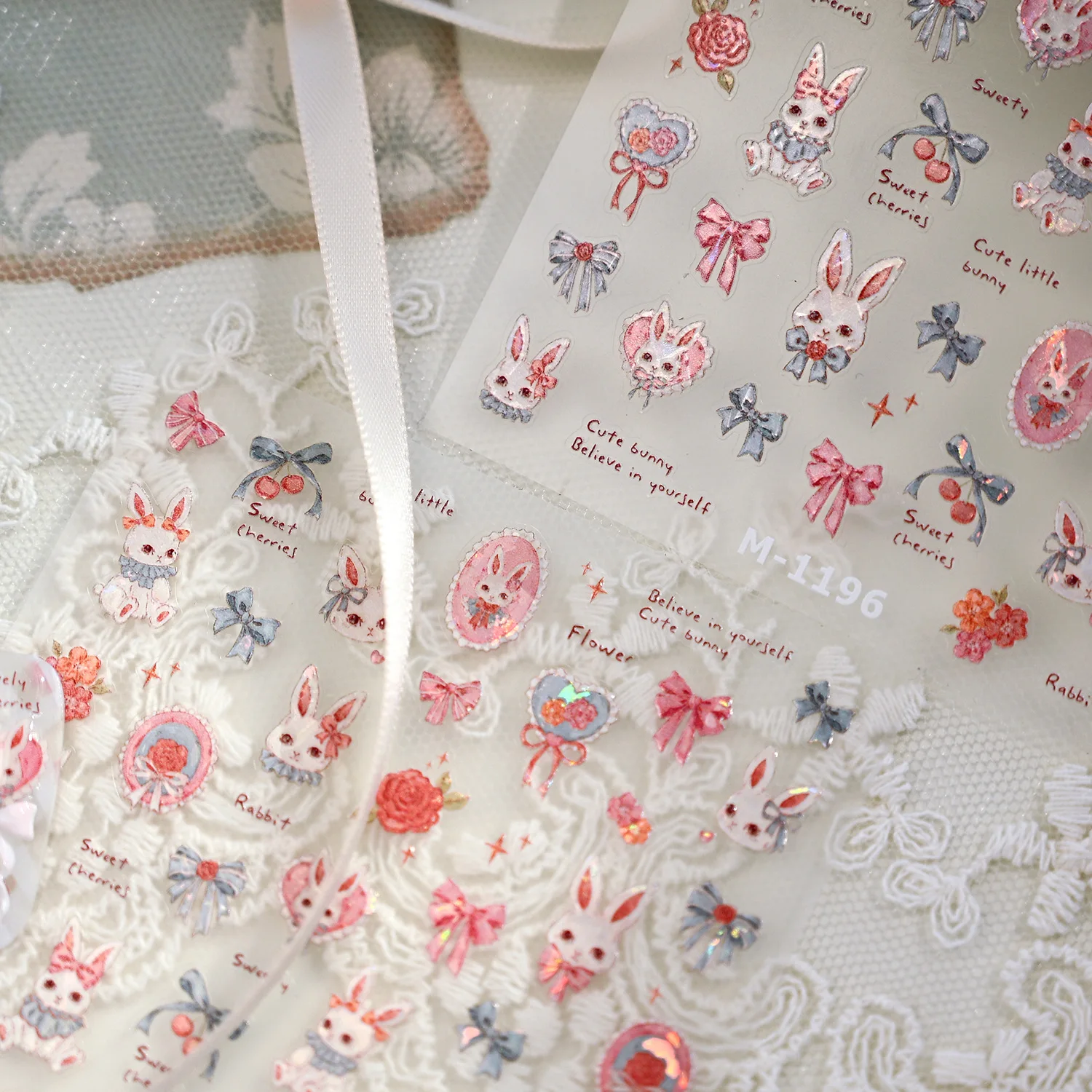 Lovely Rose Flowers Bowknot Lace Cherry Rabbit Shiny 5D Embossed Self Adhesive Nail Art Stickers Cute Bunny 3D Manicure Decals