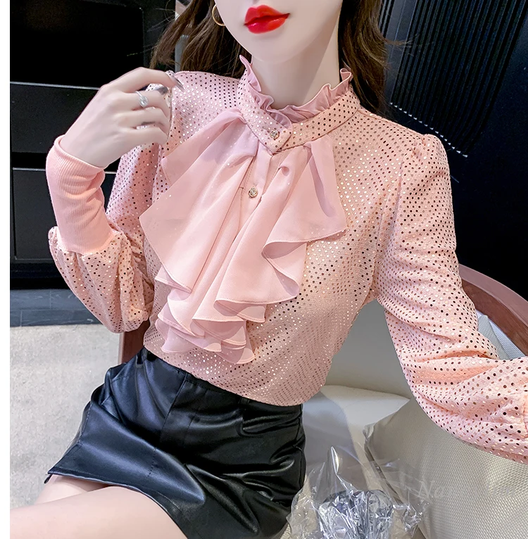 Ruffled Long Sleeve Chiffon Blouse Woman Spring and Autumn Clothing 2024 New Design Sense Niche French Sequined Beautiful Top