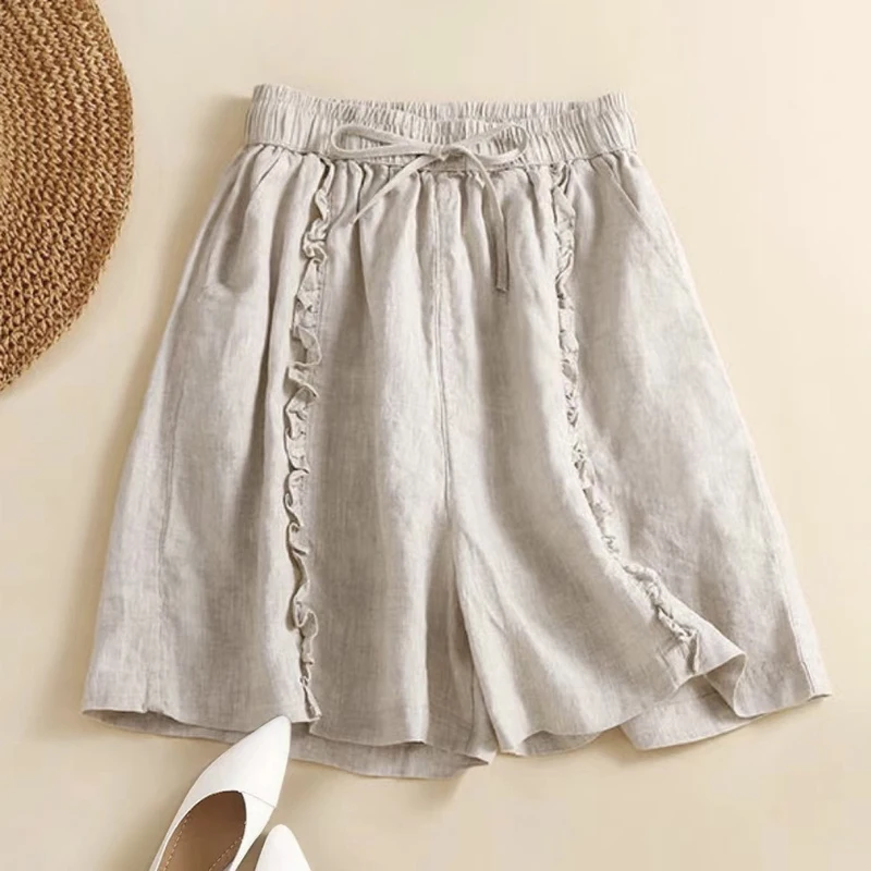 2024 Summer New Women's Cotton and Linen Shorts Women's Fashion Loose Casual Shorts Women's Fashionable Wide Leg Pants