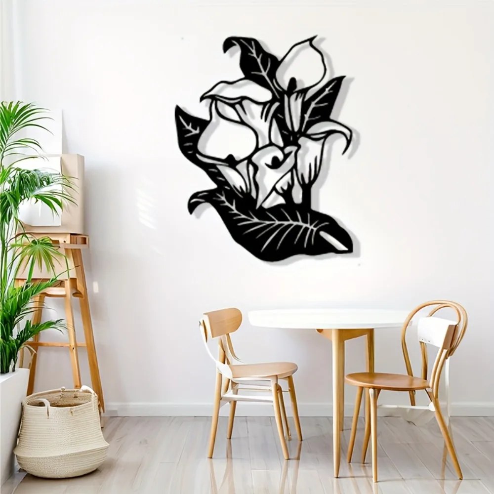 Black Calla Lily Metal Wall Hanging Vintage 2D Flat Iron Art Elegant Home Wall Decor for Living Room Bedroom Wedding