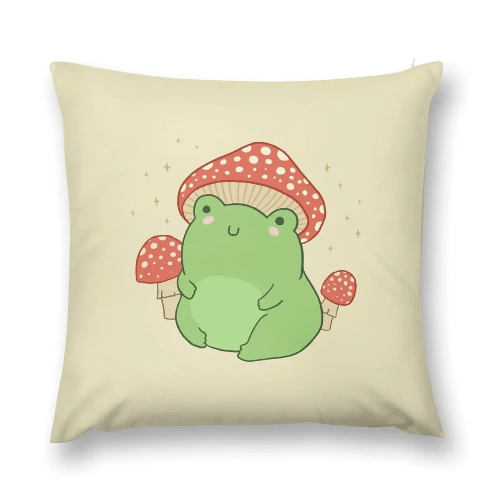 

Kawaii Frog with Mushroom Hat: Cottagecore Aesthetic Froggy, Chubby Toad in Forest Themed Fantasy Toadstools Throw Pillow