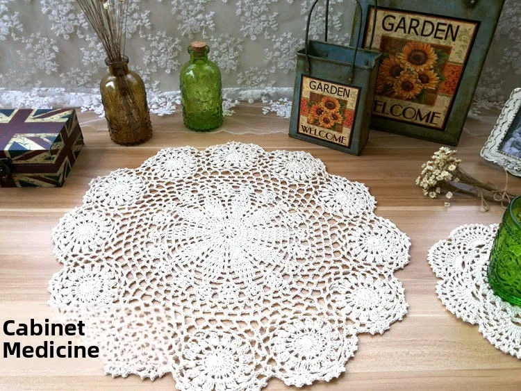 Handmade Lace Trim Coaster Tablecloth Background Props Home Decorative Cream White Floral Pattern Country Style Table Mat