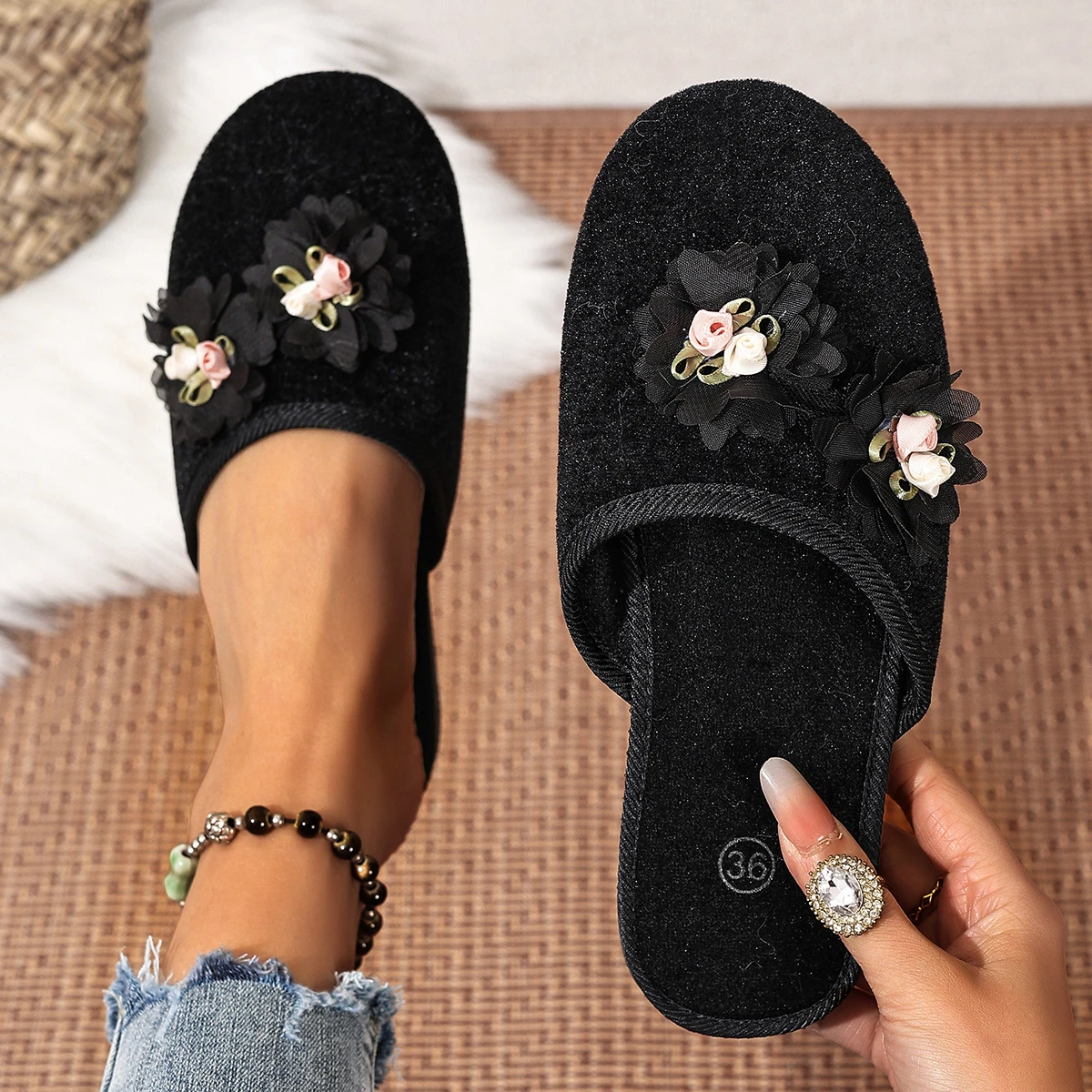 Women's Floral Closed Toe Mule Slippers,Black Velvet Flat Backless Slides,Soft Non Slip Sole Indoor Outdoor Ladies Slip On Shoes