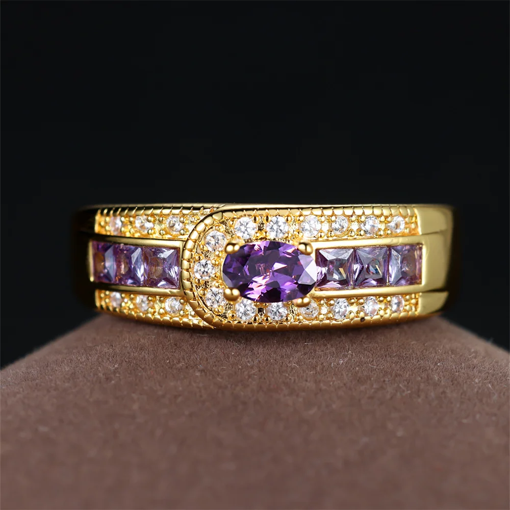 Blue Purple Crystal Oval Stone Ring Green Zircon Engagement Rings For Women Men Vintage Gold Color Wedding Bands Fashion Jewelry
