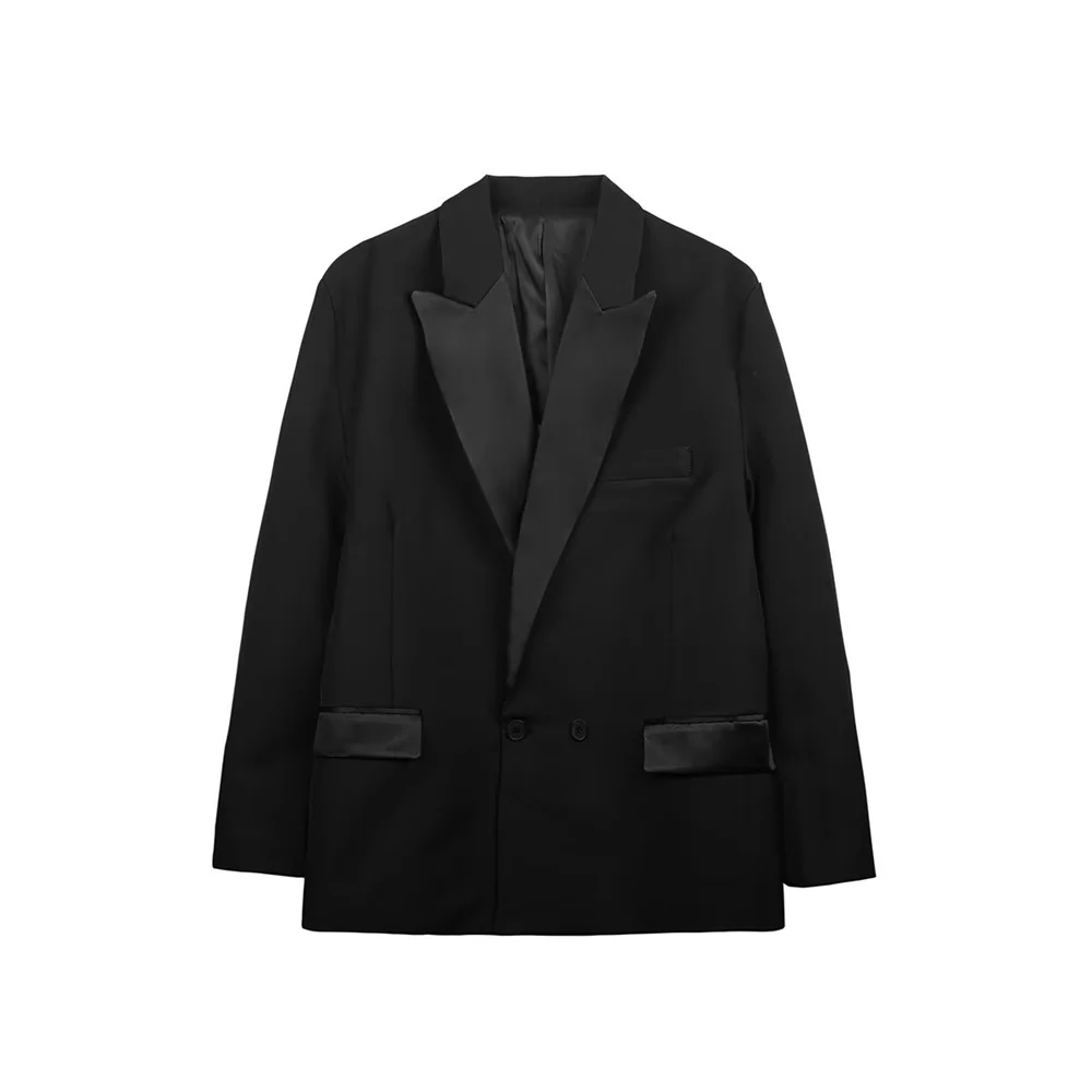 

Zach Ailsa's new women's clothing style slim fit double breasted contrasting color lapel long sleeved suit casual jacket