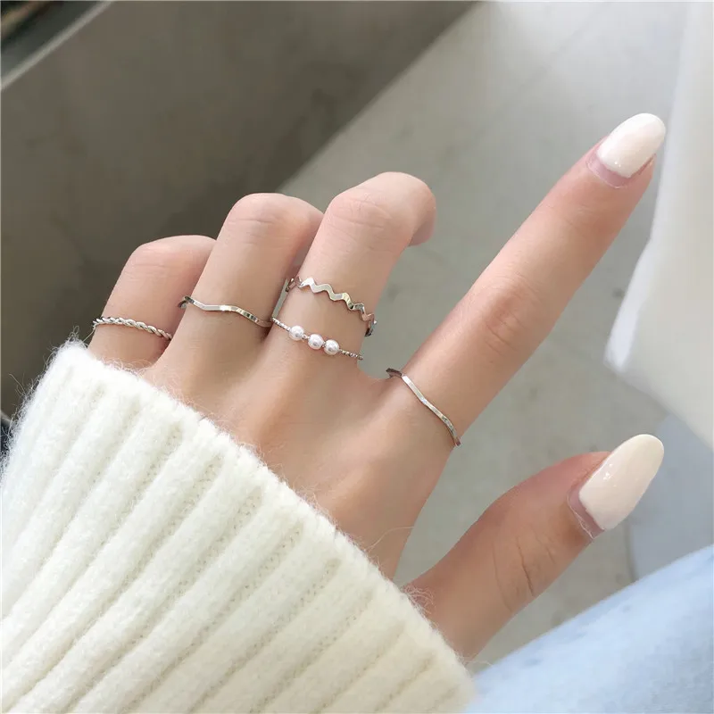 5pcs/set Ring Female Japanese Korean Style Simple Three Pearl Wavy Combination Ring Personality Ring Net Red Tail Ring Jewelry