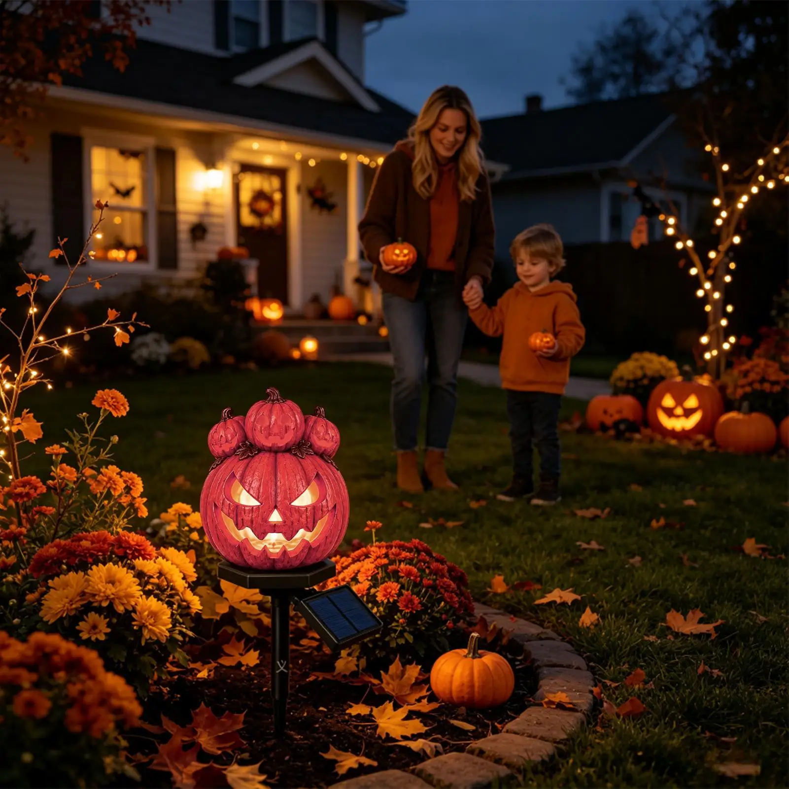 Solar Power Halloween Lights Resin Waterproof Pumpkin Ground Stakes Solar Powered Halloween Decorations For Patio Porch Yard