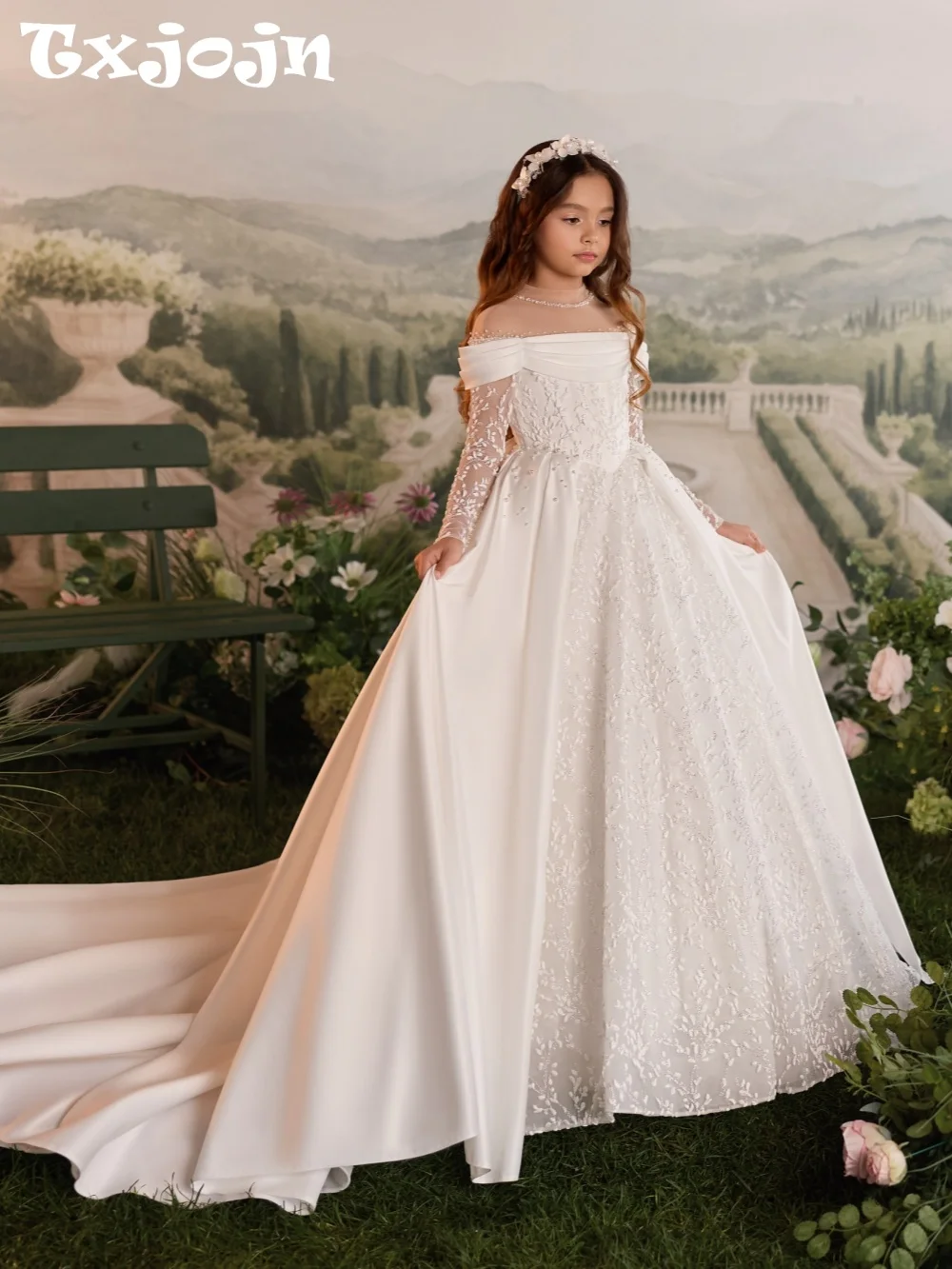 Shimmering Pearls Appliques Girls Dresses Pageant Gown Elegant Luxury Kids Princess Gowns Wedding Birthday Party Wear 3-14Y