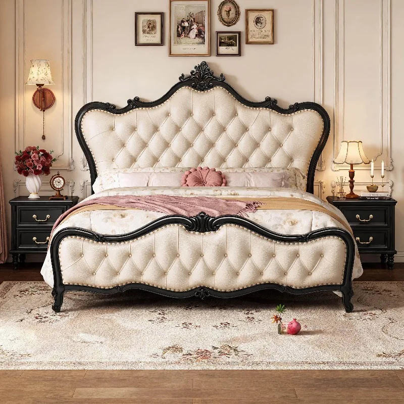 Custom European  Leather Bed Luxury Royal Carved Solid Wood Frame King Bed Antique French Wedding Bed Bedroom Furniture