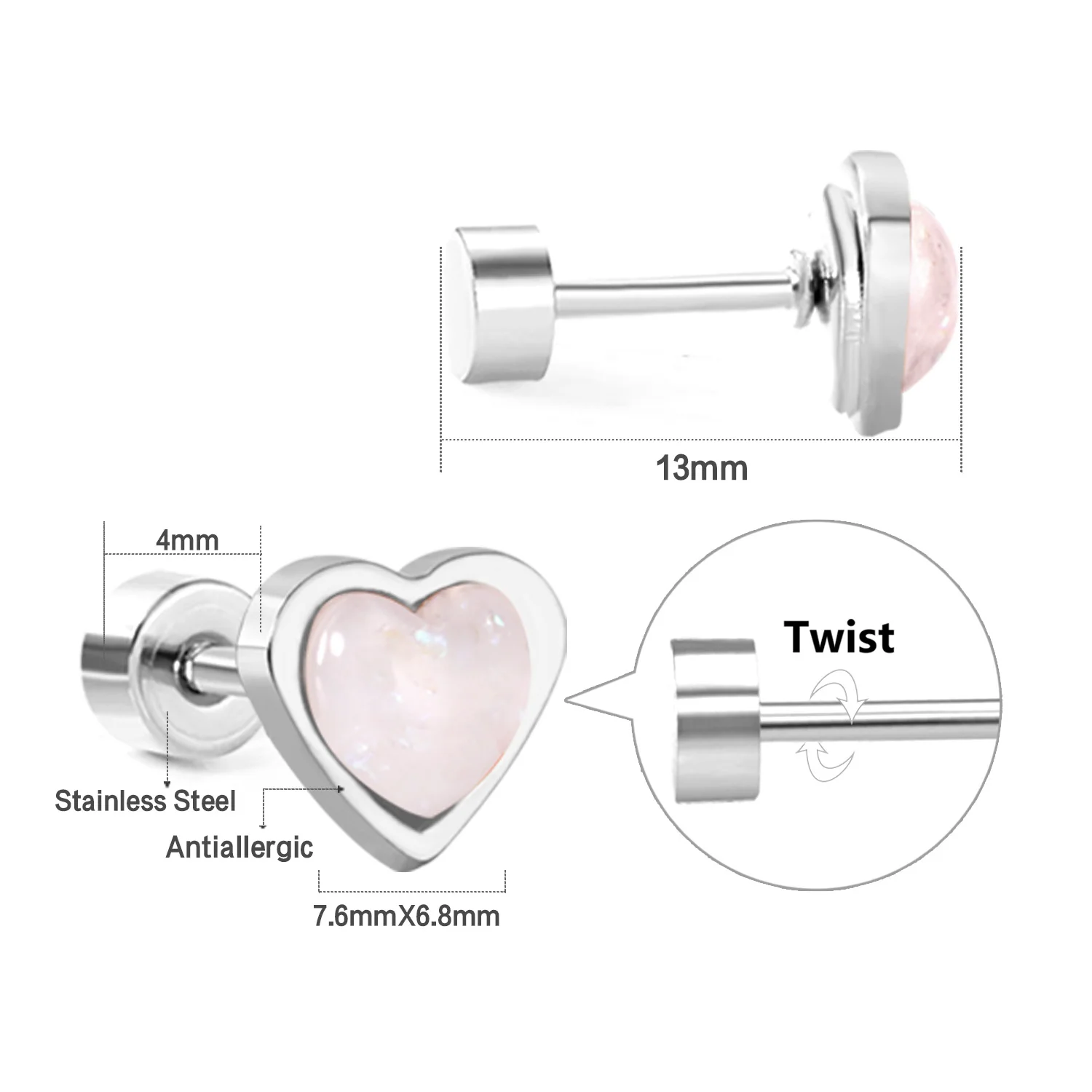12 Paar koreanische Mode-Ohrstecker aus Edelstahl mit Schraubverschluss für Frauen, Valentinstag-Ohrringe, rosa Herz-Ohrringe – Detail 6