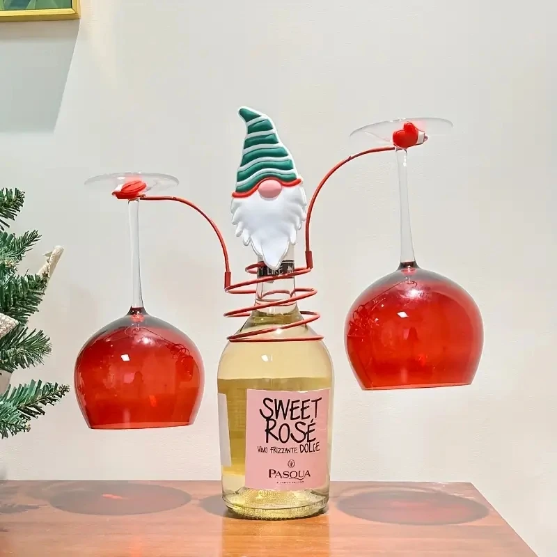 Christmas Wine Bottle Glass Holder Snowman Santa Gnome Iron Rack Holds Two Goblets Xmas Party Kitchen Bar Home Decor Gift