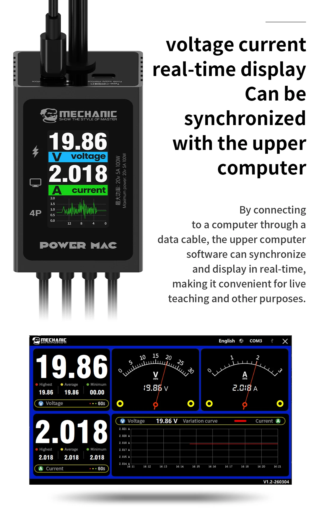 MECHANIC Power MAC Laptop Power Supply Test Line 100W Max Dual Input Mode Multiple Output for Notebook Fault Diagnosis