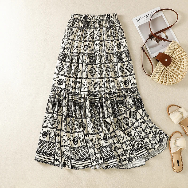 Bohemian Style Elastic Waist Maxi Skirt Thin Model National Style Spring Summer New Umbrella Skirt Gauze Material High Waist ...
