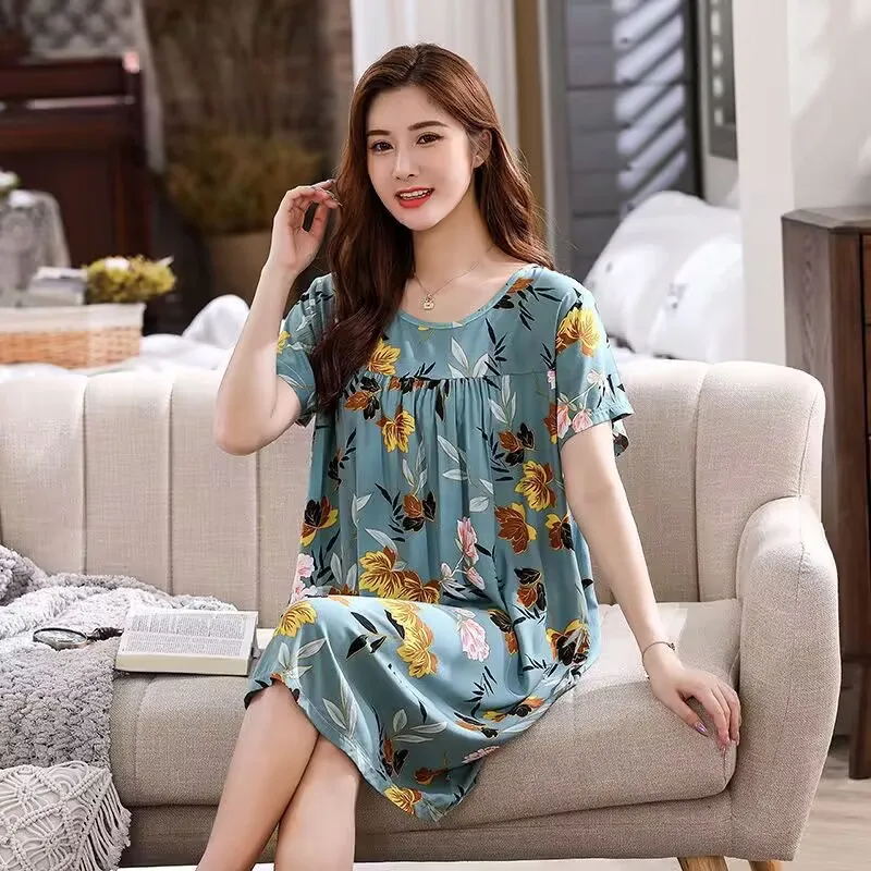 

New Home Dress Big Yards L-4XL Women Cotton Nightgown Floral Sleep Dress Short Sleeve Sleep Shirt Night Shirt Sexy Nightwear