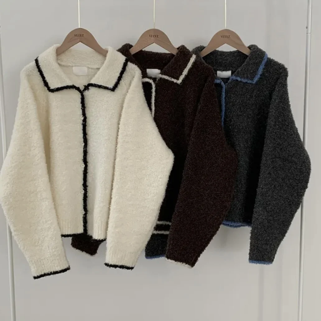 Frauen Herbst Chic Lose Casual Faul Sle Farbe Blo Kragen Weiche Gemütliche Oberbekleidung Gestrickte Offene Strickjacke Top Lange Sve