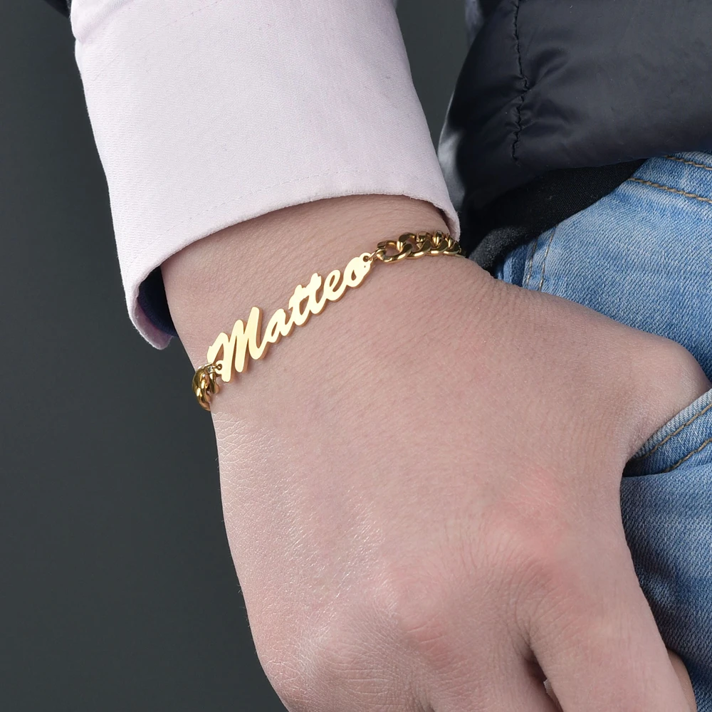 Atoztide Customized Name Beads Bracelet Personalized Thick Bell Chain for Women Stainless Steel Gold Color Bangle Chrismas Gift 