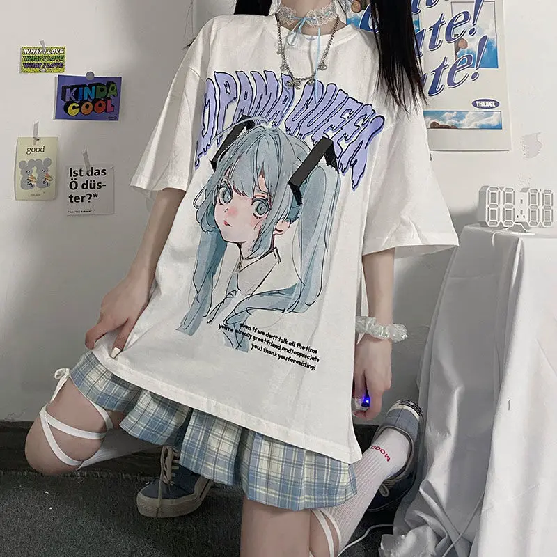 女性用半袖ラウンドネックTシャツ,上質な漫画のプリントブラウス,女性用アーバンウェア,ルーズスタイルの婦人服