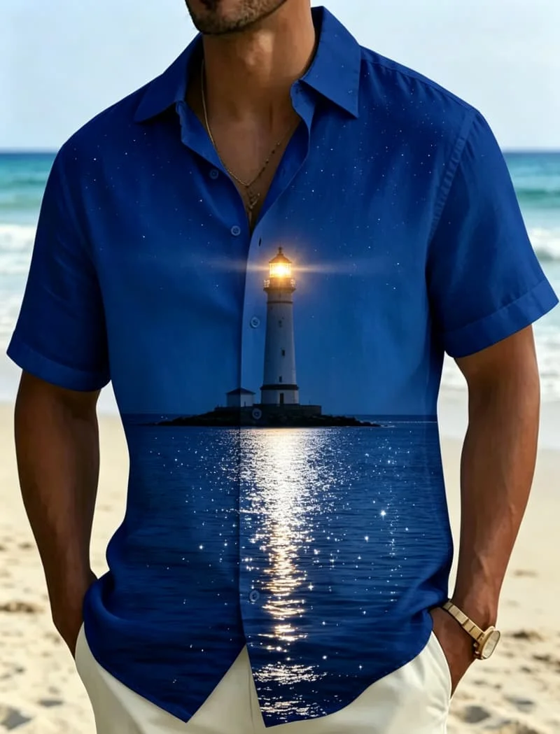Tropical seaside landscape printed short sleeved shirt suitable for men, suitable for beach vacations, summer travel, daily wear