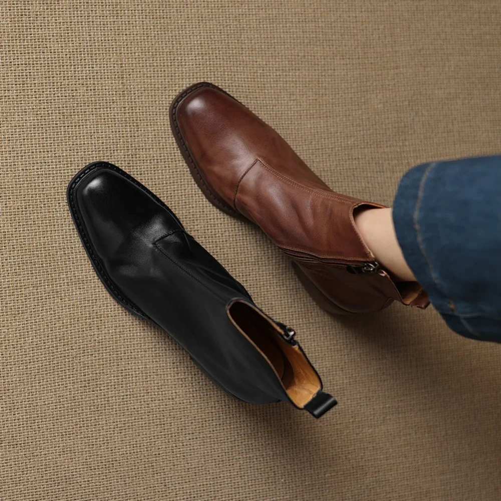 New 2026 Trend Autumn Winter Genuine Leather Women Chelsea Ankle Boots Low Block Heels Round Toe Slip on Boots(Black/Brown)
