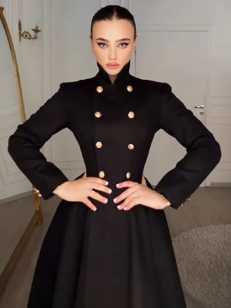 Elegant Maxi Black A‑line Overcoat High Neck Double Buttons Slim Fitted Waist Outerwear Formal Winter Lady Commuting Party Wear