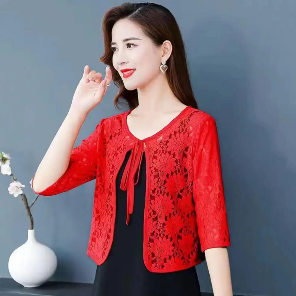 Floral Embroidery Jacket Floral Embroidered Lace-up Shawl Coat for Women Three Quarter Sleeve Hollow Out Jacket with Sun