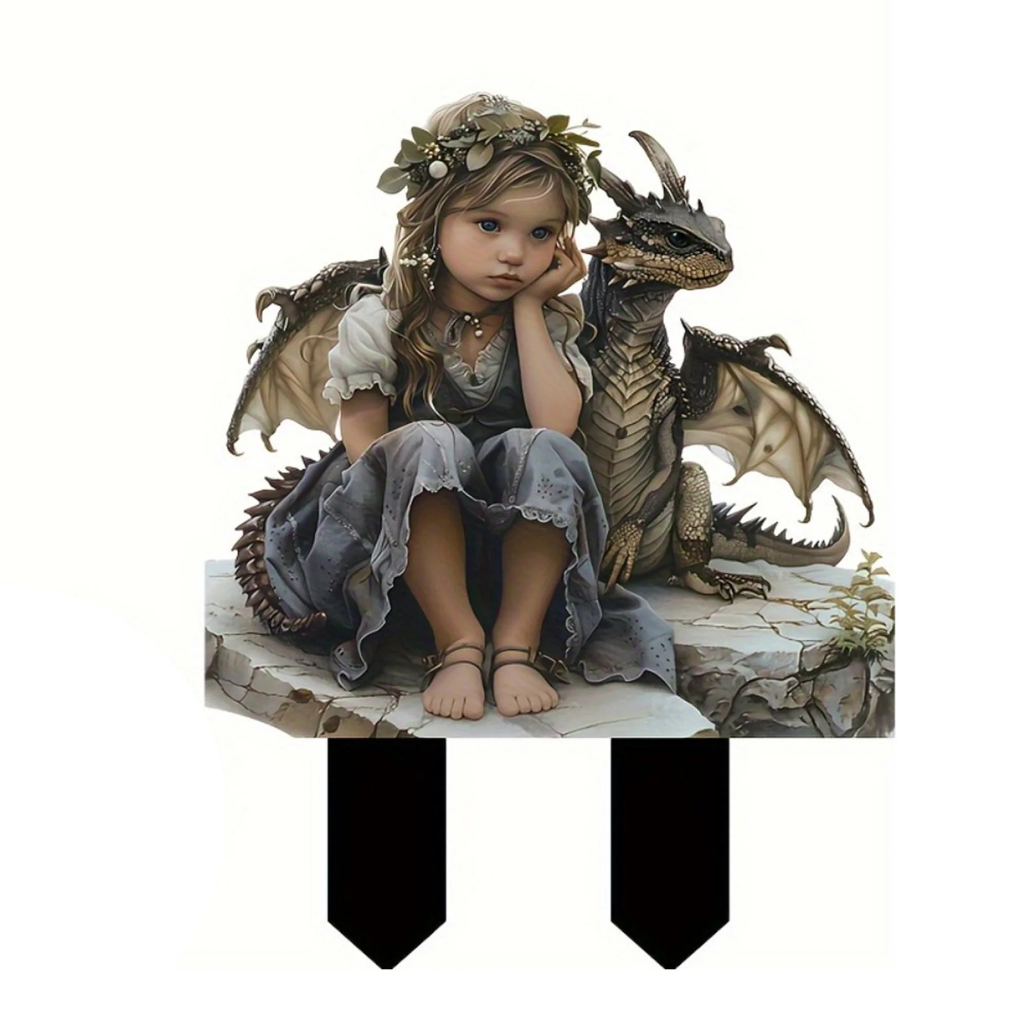 Fairy Girl and Dragon Garden Stakes 2D Flat Decorative Stakes for Flower Pots Outdoor Decor for Lawn Yard