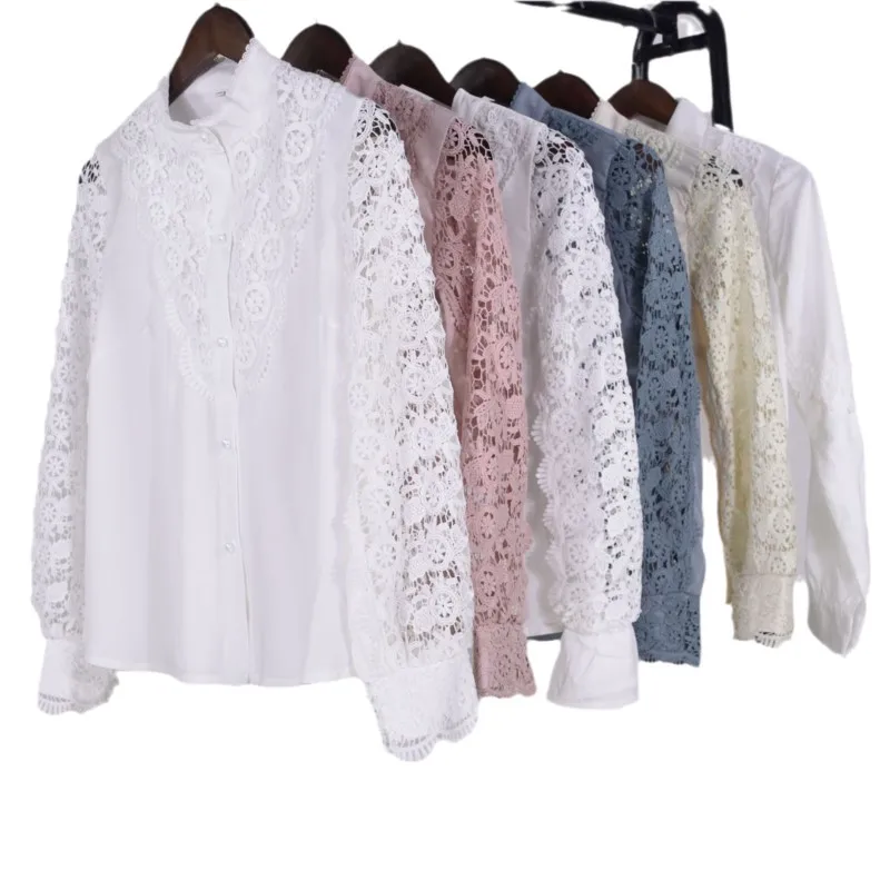 2024 Summer Fashion New Women\'s White Lace Long Sleeve Hollow Out Shirt Elegant Solid Color Spliced Single Breasted Blouse Blusa