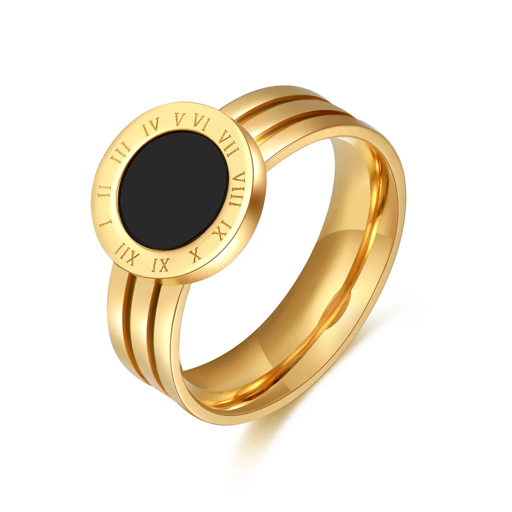 Stainless Steel Roman Numeral Shell Ring Black Color Acrylic Ring For Women Forefinger Ring Gold Plated Titanium Steel Jewelry