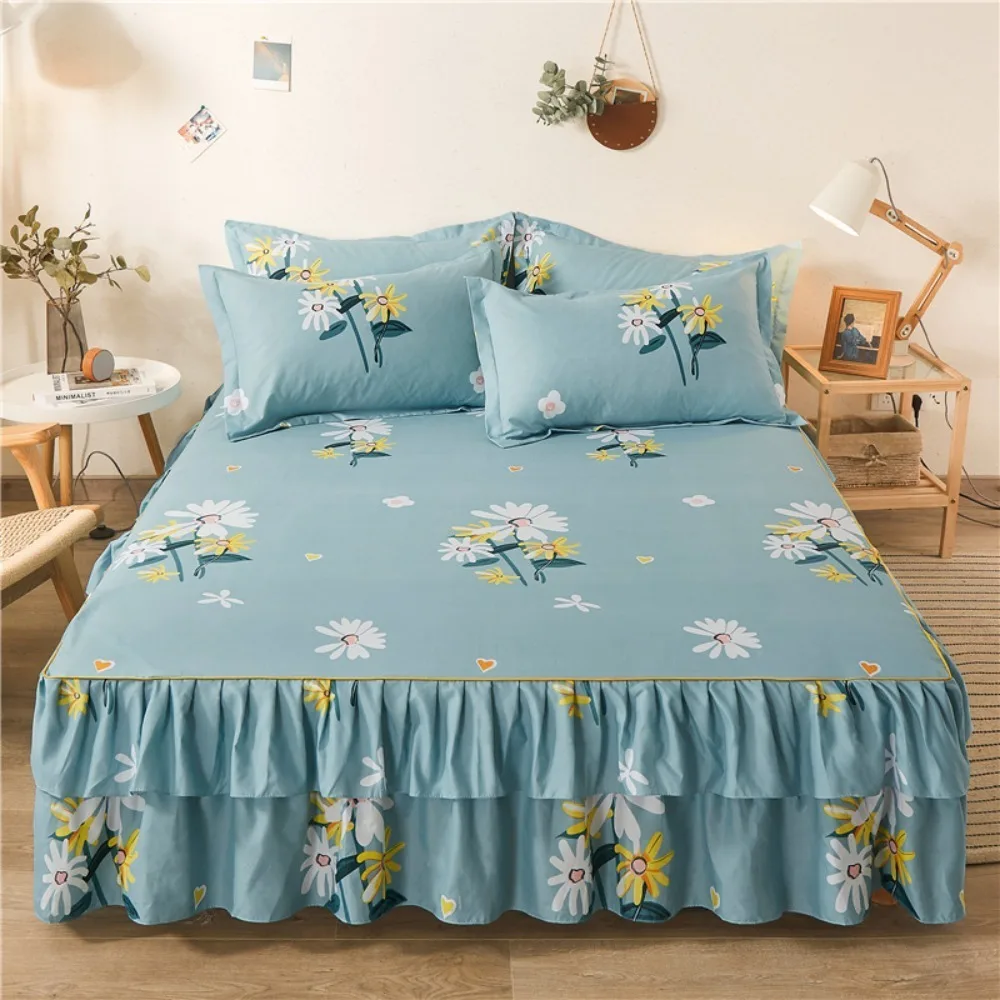 

Dust-proof Double Lace Bed Skirt Three-piece Set Floral Printed Thickening 3in1 Bedsheet Set 120/150/180CM Bedsheet Pillowcase