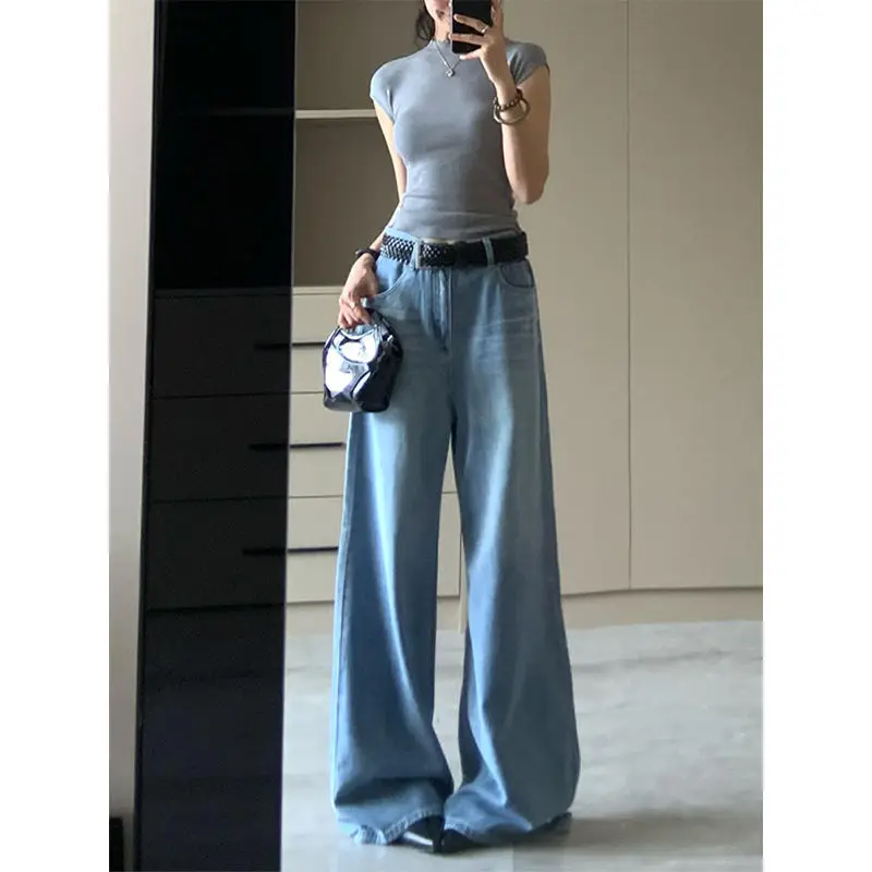 

Lengthening Light Blue Wide-leg Jeans Women's Vertical Straight Mop Pants