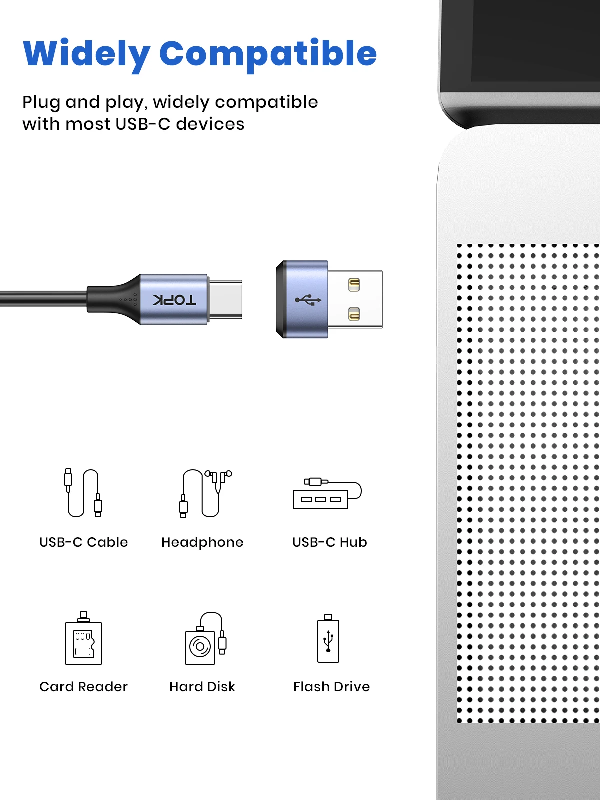 TOPK AT13 USB C to USB Male Adapter USB Female (Type-C) to USB 2.0 Male (USB-A) Fast Charging & Data Sync OTG Adapter Connector