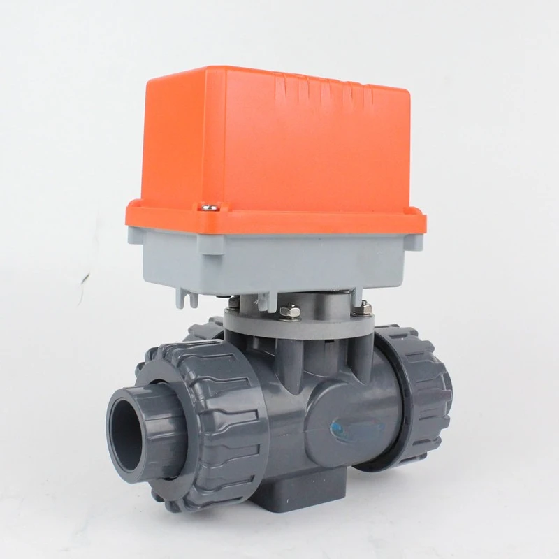 บอลวาล์วไฟฟ้า UPVC, บอลวาล์วแบบใช้คู่สามทาง AC220V ทนกรดและด่างพลาสติก ABS PVC AC24v