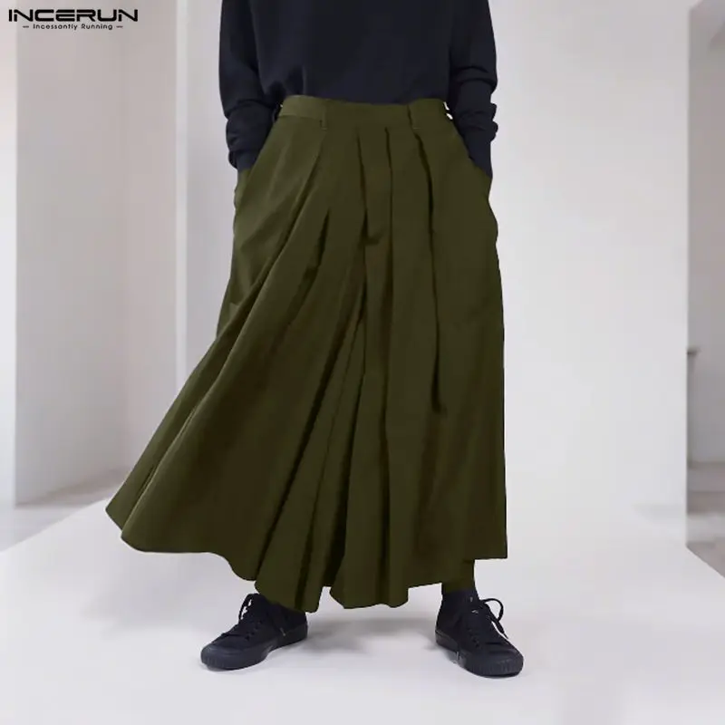 INCERUN Men Wide Leg Pants Solid Color Elastic Waist Joggers Trousers Men Pleated Streetwear Baggy 2026 Fashion Casual Pants