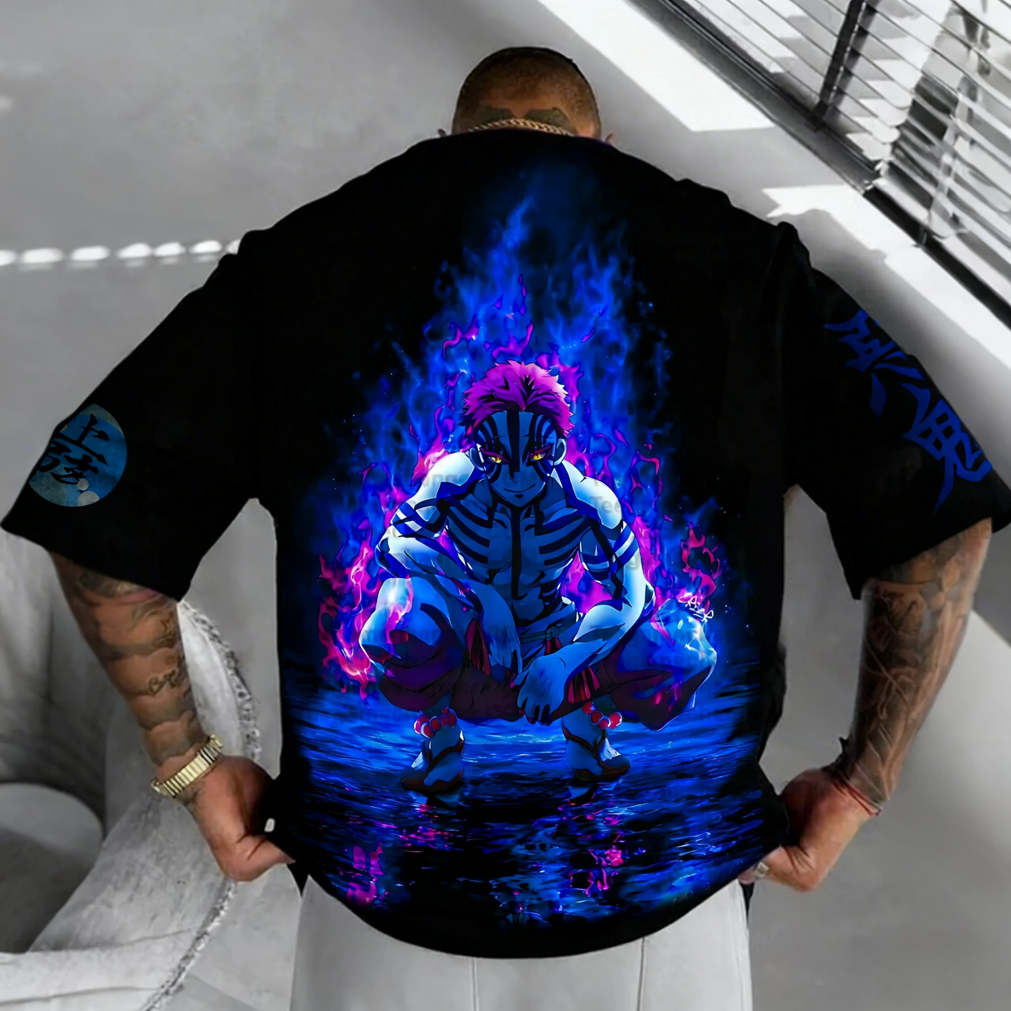 شيطان القاتل الرجال والنساء تي شيرت الصيف جديد Akaza أنيمي مطبوعة Harajuku حجم كبير الاتجاه Y2K عادية فضفاض الوالدين والطفل