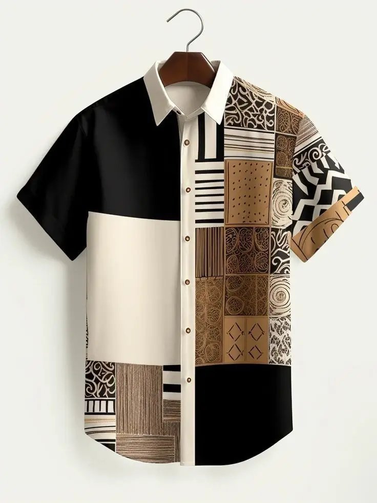 Men's Hawaiian Short Sleeve Shirt Spliced Geometric Ethnic Patchwork Print Business Casual Daily Top