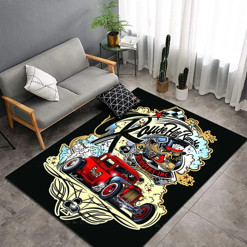 Vintage Cars Skeleton Riding Motorbike Garage Biker Nostalgie Style Flannel Carpet By Ho Me Lili For Home Floor Decor Rug