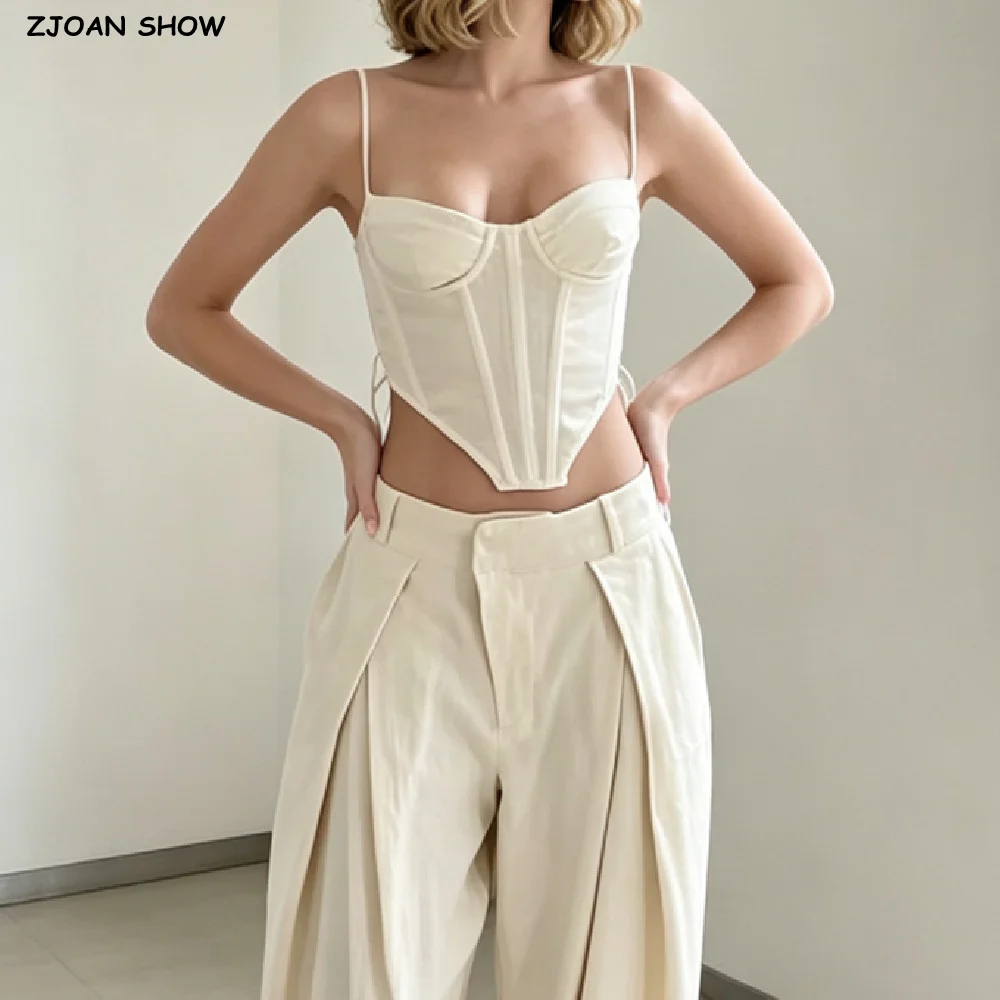 Girl's Beige Bra With Wire Chest Boning Camisole Sexy Corset Fish Bone Slim Tank Tops Bow Strap Elastic Back Bodycon Crop Top