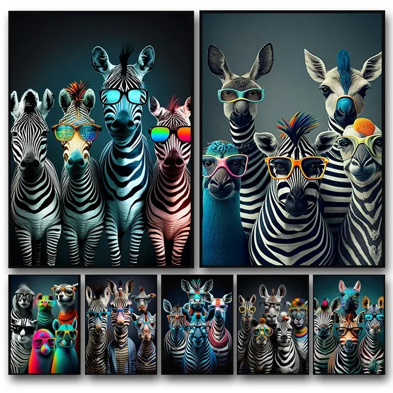 Funny Zebras with Glasses Canvas Poster Wall Art Pictures Stripe Animals Picture Prints Wall Painting for Living Room Home Decor