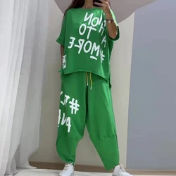 Spring Casual Letter Print Sport Set Women Sexy Round Neck T-shirt & Long Pants Outfits Summer Short Sleeve Loose Tracksuit Suit