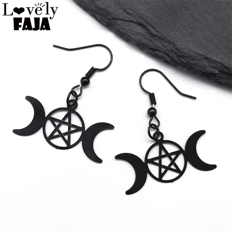 Gothic Witchcraft Triple Moon Pentagram Dangle Earring for Women Men Stainless Steel Black Color Drop Earrings Jewelry