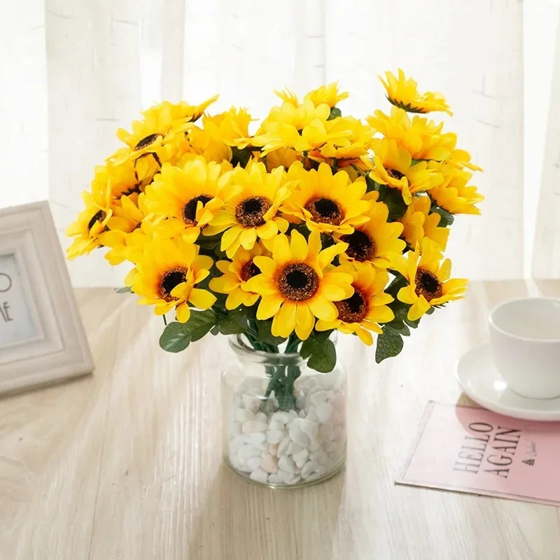 1 Bunch 7 Heads Artificial Sunflowers 29cm Shrubs Fake Flower Bouquet For Garden Bookstore Wedding Cafe Store Party Decor