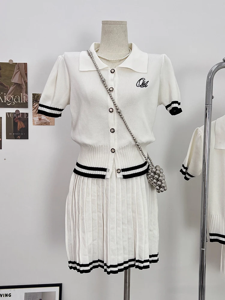 New Korea Fashion Stripe Knitted Suits Women Short Sleeves Top + Pleated A Line Skirt Summer Casual Streetwear Two Pieces Sets