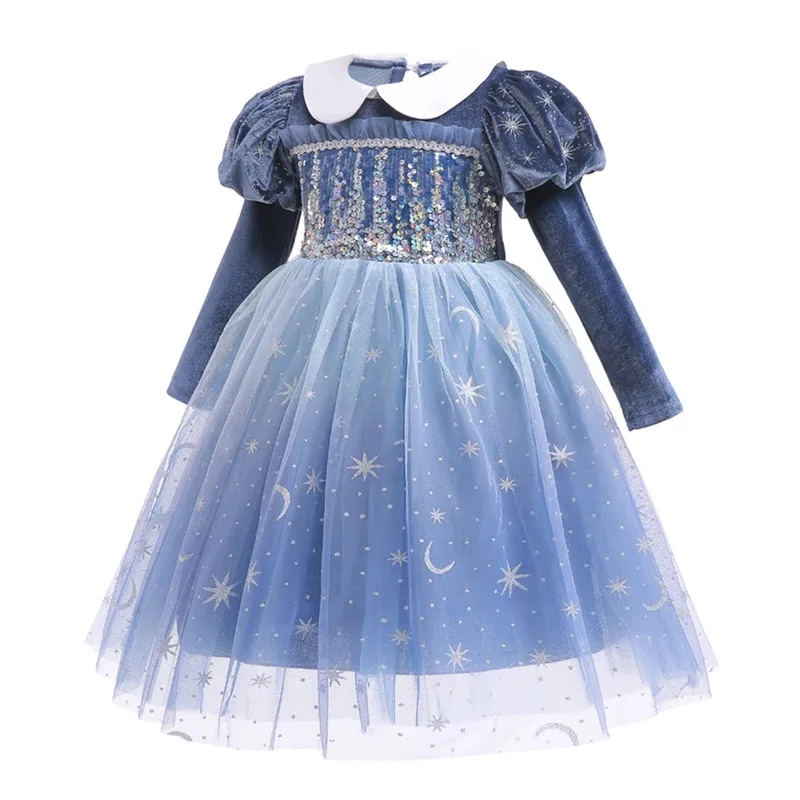 Gaun Putri Lengan Panjang Elsa Kostum Ratu Salju Anak-anak Gaun Jaring Payet Anak Perempuan Pakaian Pesta Halloween Ulang Tahun Anak-anak