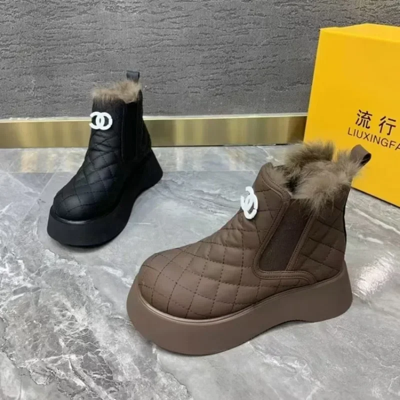 2024 Fashion Ladies Shoes Sleeve Women\'s Boots Winter Round Toe Plush Fleece for Warmth Solid Short Barrel Platform Boots